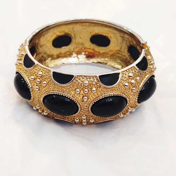 Vintage Black and Gold Oversized Studded Clamper Bracelet - Picture 3 of 4